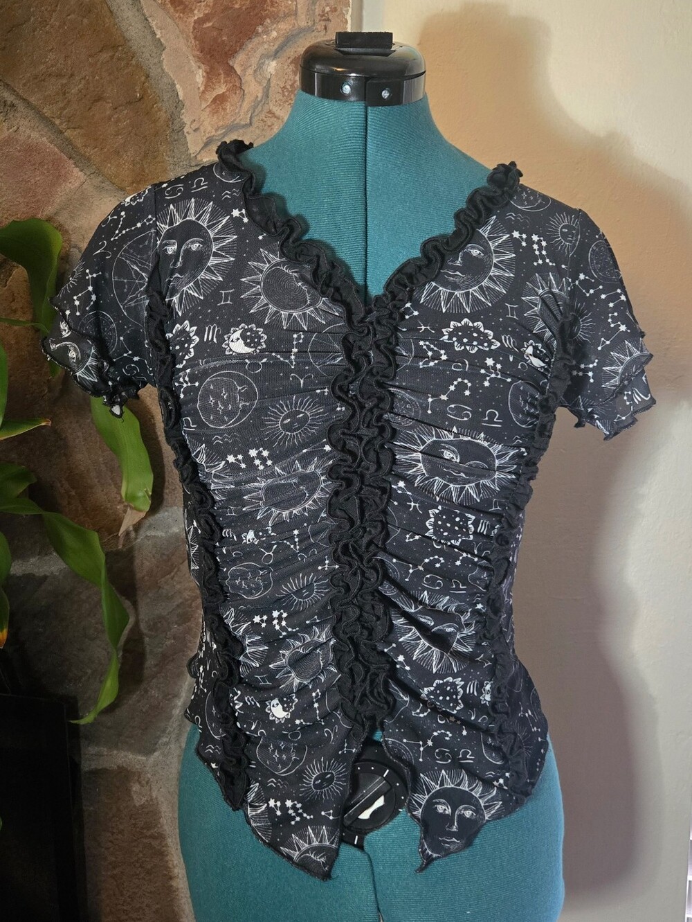 Witchy Celestial Ruffle-Trim Short Sleeve Blouse - Cosmic Aura - Goth